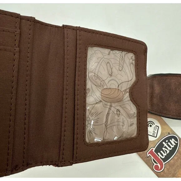 Justin Womens Wallet Bifold Metal Braided Vegan Leather Brown Western New - Picture 8 of 9